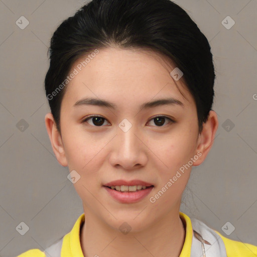 Joyful asian young-adult female with short  brown hair and brown eyes