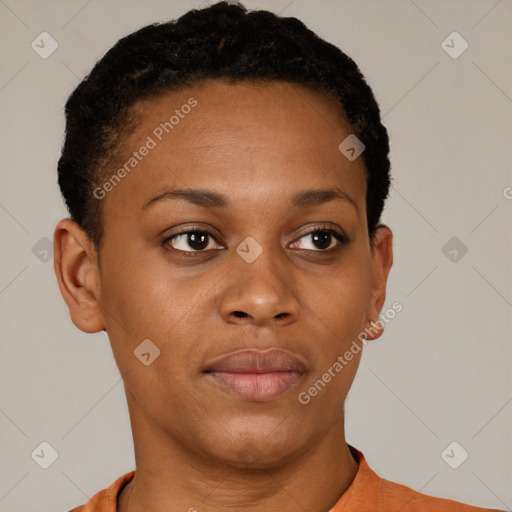 Neutral black young-adult female with short  brown hair and brown eyes