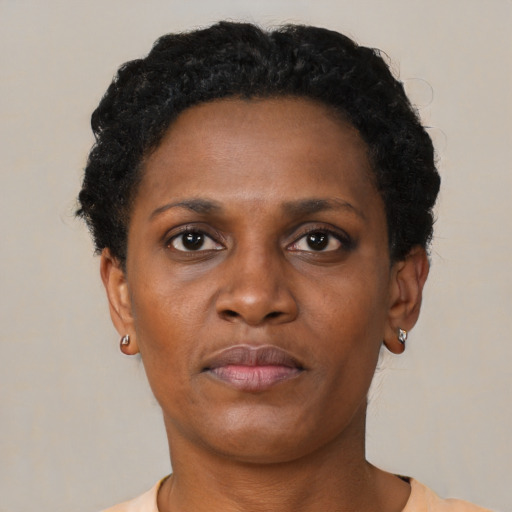 Neutral black young-adult female with short  brown hair and brown eyes
