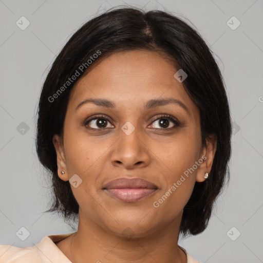 Joyful black young-adult female with medium  brown hair and brown eyes