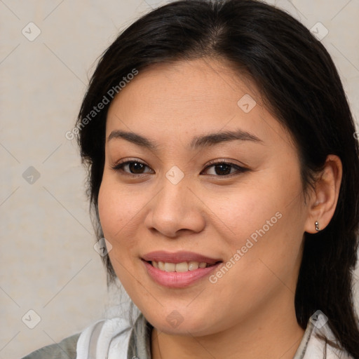 Joyful white young-adult female with medium  brown hair and brown eyes