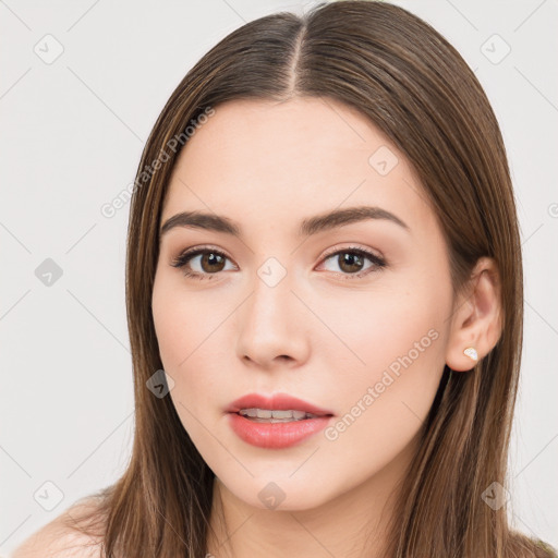 Neutral white young-adult female with long  brown hair and brown eyes