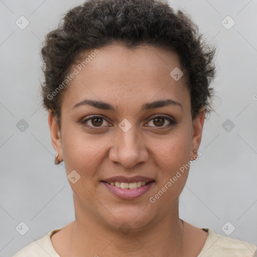 Joyful white young-adult female with short  brown hair and brown eyes