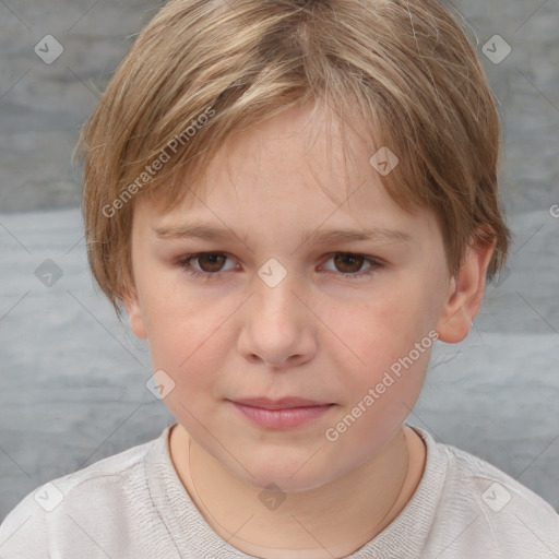 Joyful white child female with short  brown hair and brown eyes