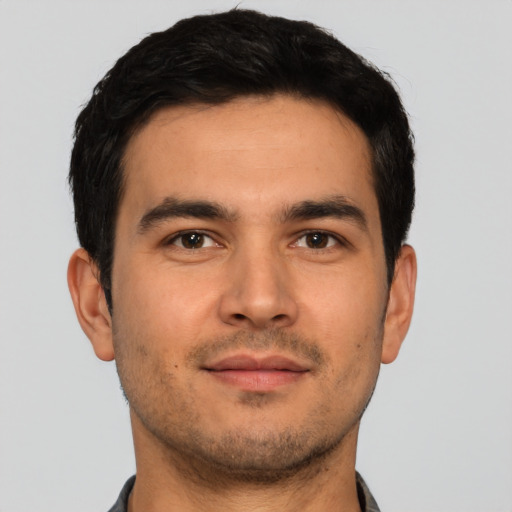 Neutral asian young-adult male with short  black hair and brown eyes