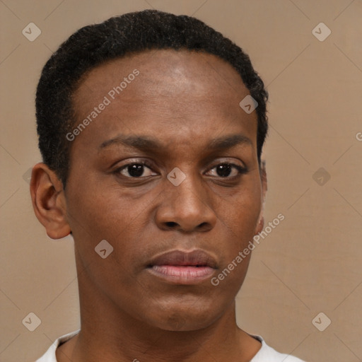 Neutral black young-adult female with short  brown hair and brown eyes