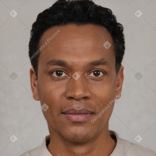 Neutral black young-adult male with short  black hair and brown eyes