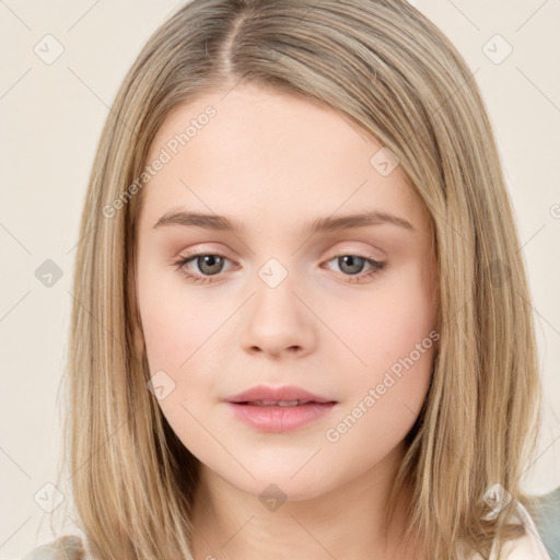 Neutral white young-adult female with long  brown hair and green eyes