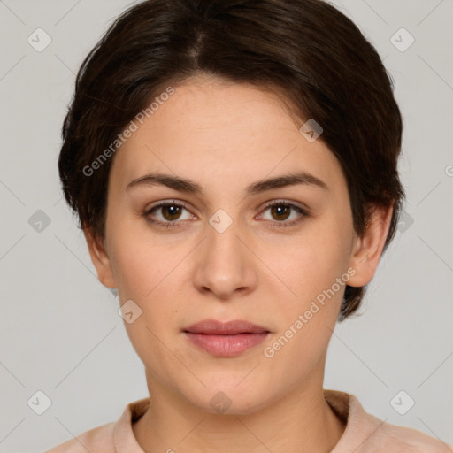 Neutral white young-adult female with short  brown hair and brown eyes