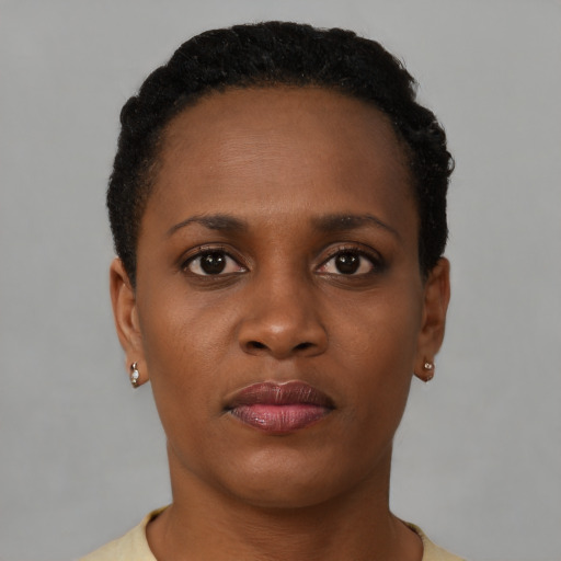 Neutral black young-adult female with short  brown hair and brown eyes