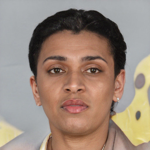 Neutral asian young-adult female with short  black hair and brown eyes