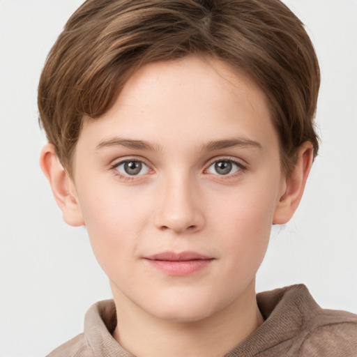 Neutral white child female with short  brown hair and grey eyes