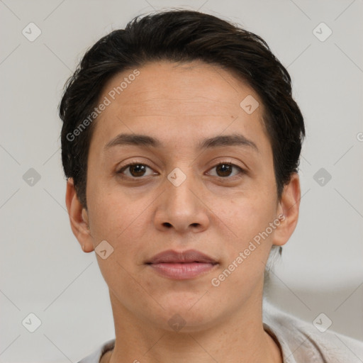 Joyful white young-adult female with short  brown hair and brown eyes