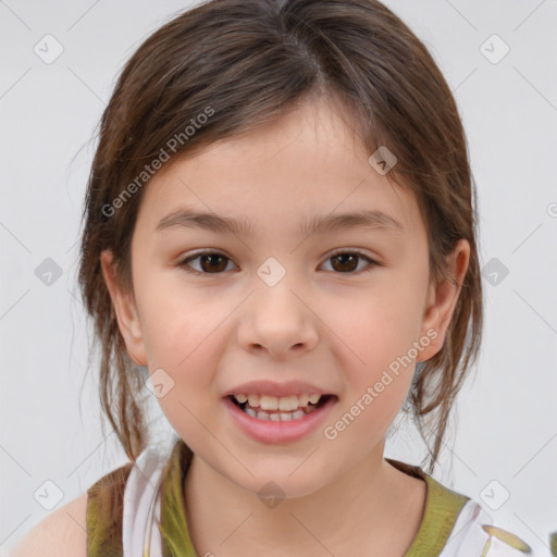 Joyful white child female with medium  brown hair and brown eyes