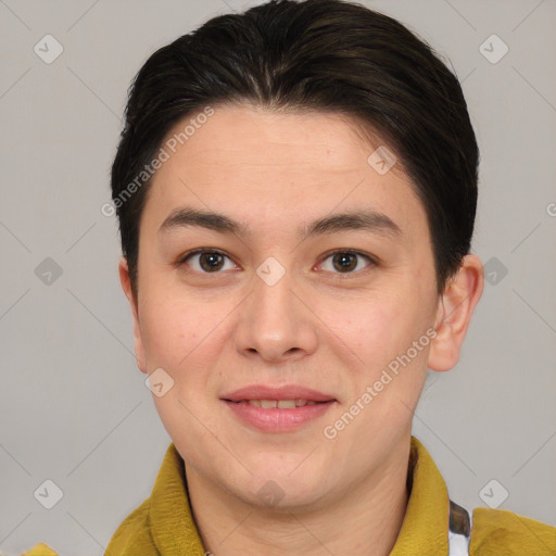 Joyful white young-adult female with short  brown hair and brown eyes