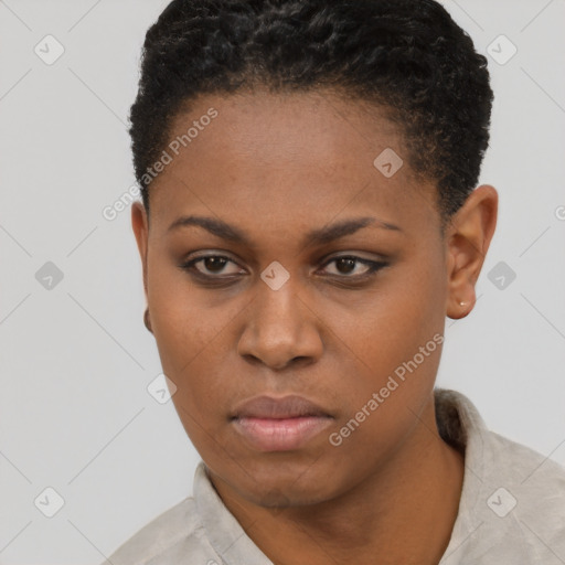 Neutral black young-adult female with short  brown hair and brown eyes