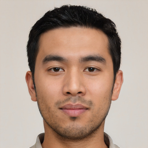Neutral asian young-adult male with short  black hair and brown eyes