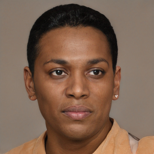 Neutral black young-adult female with short  black hair and brown eyes
