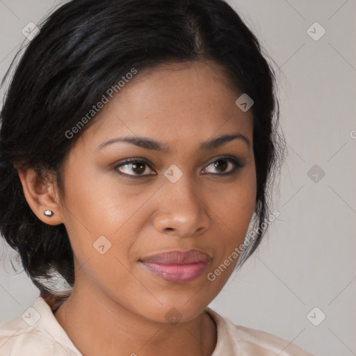 Joyful black young-adult female with medium  brown hair and brown eyes