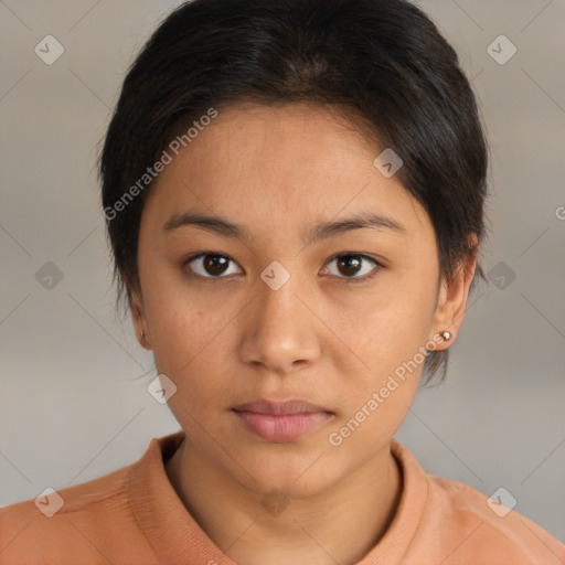 Neutral asian young-adult female with short  brown hair and brown eyes