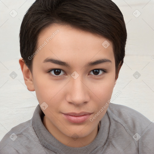 Neutral white young-adult female with short  brown hair and brown eyes