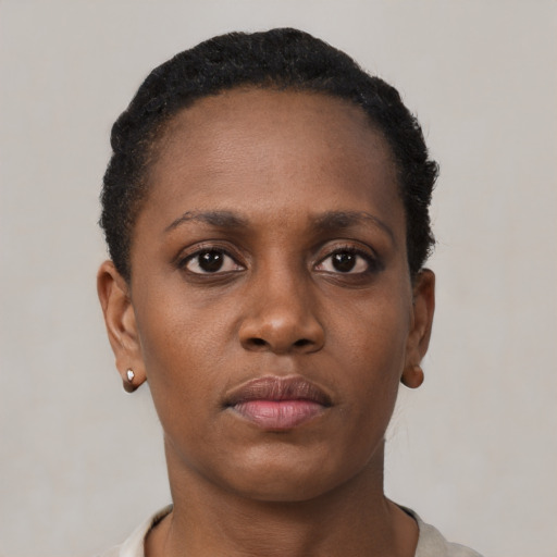 Neutral black young-adult female with short  black hair and brown eyes