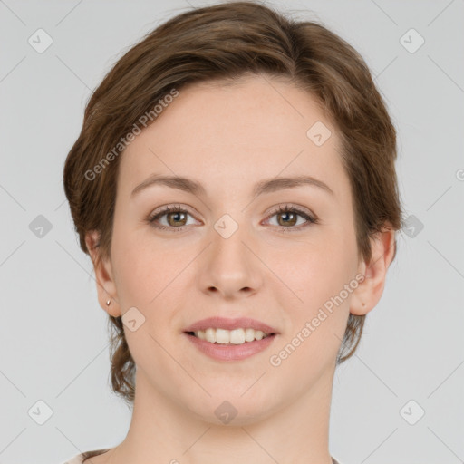 Joyful white young-adult female with medium  brown hair and grey eyes