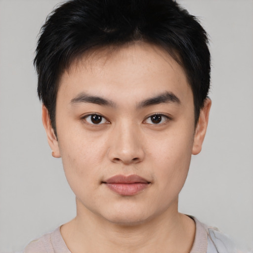 Neutral white young-adult male with short  black hair and brown eyes