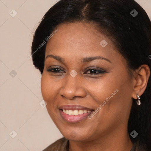 Joyful black young-adult female with long  brown hair and brown eyes