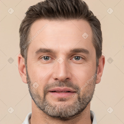 Neutral white adult male with short  brown hair and brown eyes