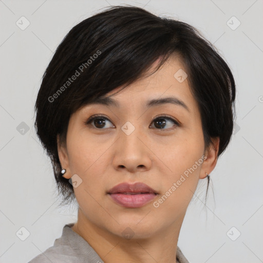 Joyful asian young-adult female with medium  black hair and brown eyes