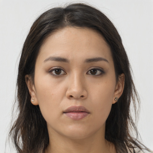 Neutral asian young-adult female with long  brown hair and brown eyes