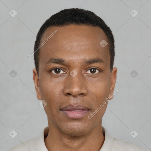 Neutral black young-adult male with short  black hair and brown eyes