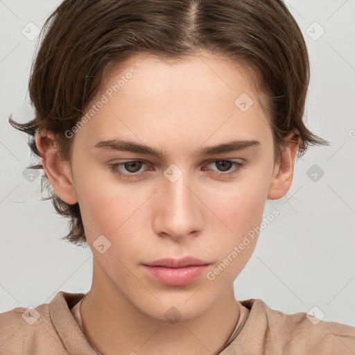 Neutral white young-adult female with short  brown hair and brown eyes