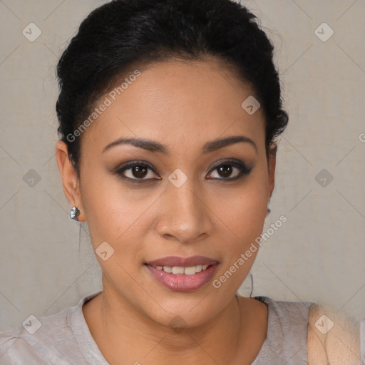 Joyful latino young-adult female with short  brown hair and brown eyes