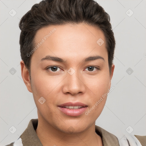 Joyful white young-adult female with short  brown hair and brown eyes