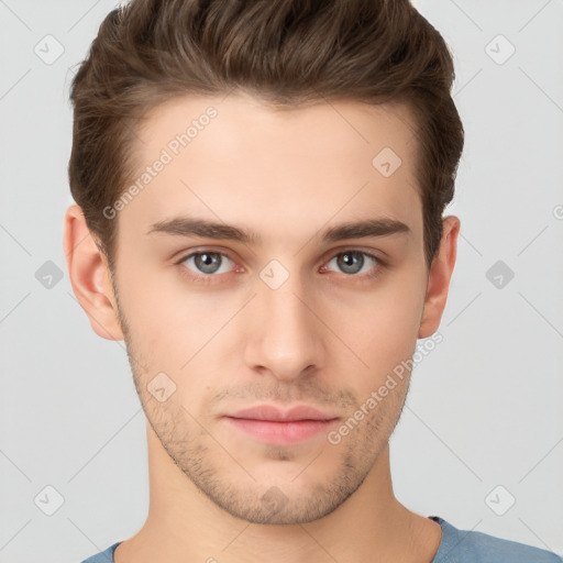 Neutral white young-adult male with short  brown hair and brown eyes