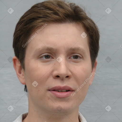 Joyful white young-adult female with short  brown hair and grey eyes