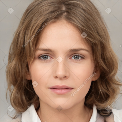 Neutral white young-adult female with medium  brown hair and brown eyes