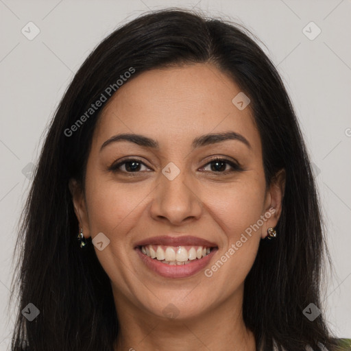 Joyful latino young-adult female with long  brown hair and brown eyes