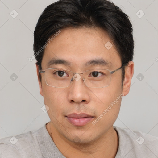 Neutral asian young-adult male with short  brown hair and brown eyes