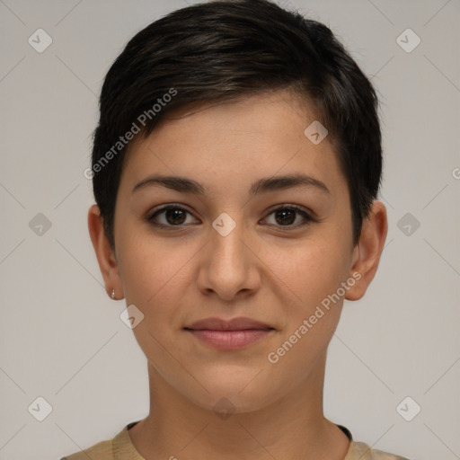 Joyful white young-adult female with short  brown hair and brown eyes