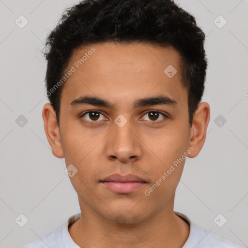 Neutral latino young-adult male with short  black hair and brown eyes