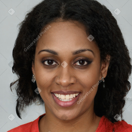 Joyful latino young-adult female with long  black hair and brown eyes