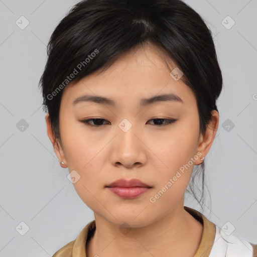 Neutral asian young-adult female with medium  brown hair and brown eyes