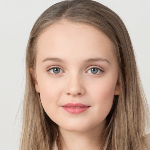 Neutral white child female with long  brown hair and grey eyes