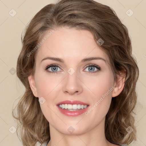 Joyful white young-adult female with medium  brown hair and green eyes