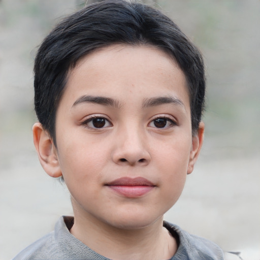 Joyful white child female with short  brown hair and brown eyes