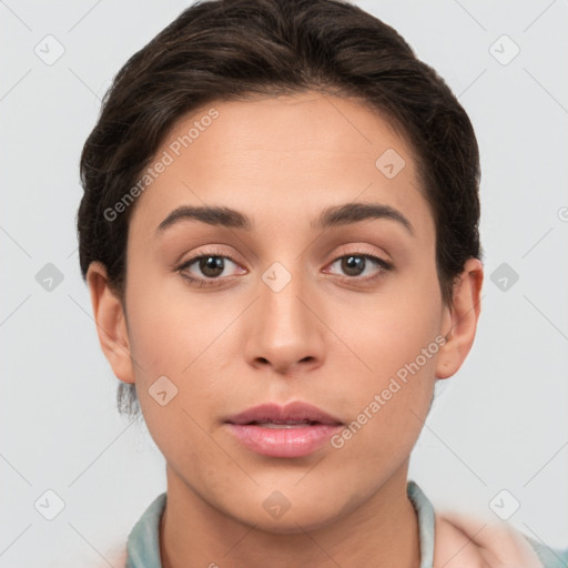 Neutral white young-adult female with short  brown hair and brown eyes