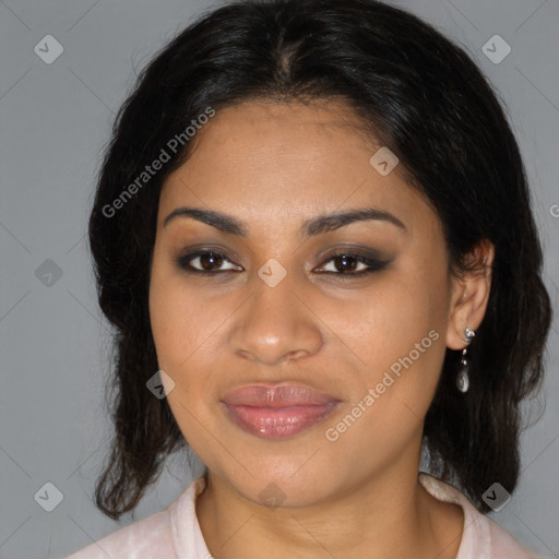 Joyful black young-adult female with medium  brown hair and brown eyes